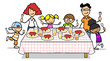 Familie und Kinder an Tisch mit Spaghetti