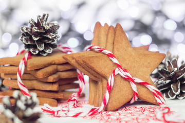 Gingerbread cookies with painted cones on a bokeh background. Ch