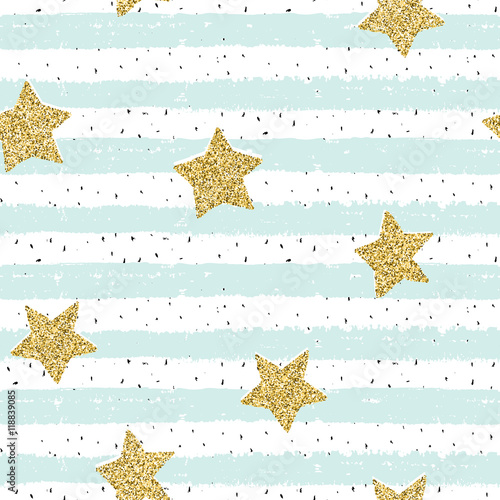 Gold glitter stars on hand drawn striped repeating background.