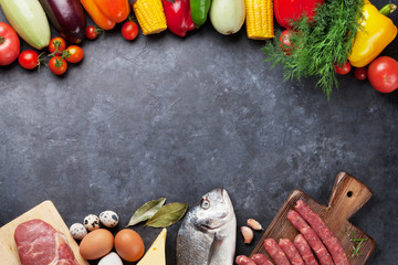 Wall Mural - Vegetables, fish and meat cooking