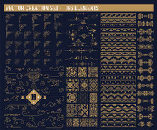 166 Elements Set. Corners, Accents, Borders And Patterns Set