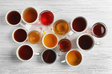 Poster - Cups of tea on table, top view