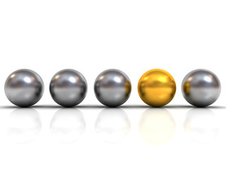 Aufkleber - Gold sphere ball among silver sphere balls stand out from the crowd concept isolated on white background with shadow and reflection 3D rendering