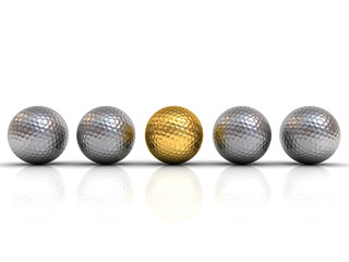 Poster - Gold golf ball among silver golf balls stand out from the crowd concept isolated on white background with shadow and reflection 3D rendering