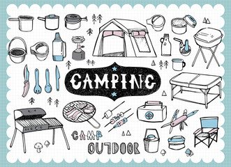 Hand drawn camping equipments A