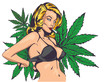 Smoking lady undressed, take off bra. The marijuana leafs on the background, vector image