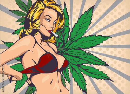 Fototapeta na wymiar Smoking lady undressed, take off bra. The marijuana leafs on the background, vector image