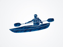 A Man Kayaking Designed Using Blue Grunge Brush Graphic Vector.