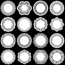 Large  Set Of Design Elements, Lace Round Paper Doily, Doily To Decorate The Cake, Template For Cutting, Greeting Element, Laser Cut;  Vector Illustrations