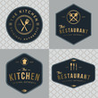 Set of badges, banner, labels and logos for food restaurant, foods shop and catering in golden color with seamless pattern. Design elements. Vector illustration.