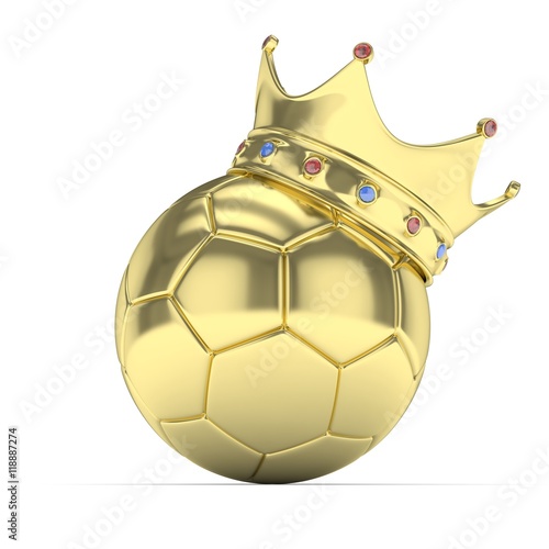 Golden soccer ball with golden crown on white background. 3D rendering