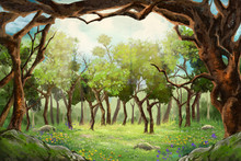 A Small Flower Field Inside The Clearing Of Forest. Video Game's Digital CG Artwork, Concept Illustration, Realistic Cartoon Style Background
