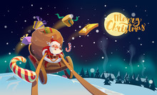 Christmas Card. Santa With The Bunch Of Presents Riding On A Sleigh At The Winter Forest. Polar Lights At The Background. Merry Christmas Lettering. Vector Illustration.