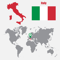 Poster - Italy map on a world map with flag and map pointer. Vector illustration