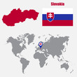 Slovakia map on a world map with flag and map pointer. Vector illustration