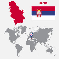 Poster - Serbia map on a world map with flag and map pointer. Vector illustration