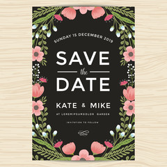 Wall Mural - Save the date, wedding invitation card template with hand drawn wreath flower vintage style. Flower floral background. Vector illustration.
