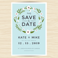 Wall Mural - Save the date, wedding invitation card template with hand drawn wreath flower vintage style. Flower floral background. Vector illustration.