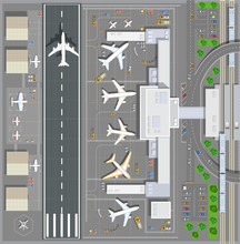 Airport Passenger Terminal Top View. The Runway Of The Aircraft. Buildings Hangar For Airplanes And Helicopter Landing Pad. Railway Station With Train And Parking With Cars. Stock Vector Illustration