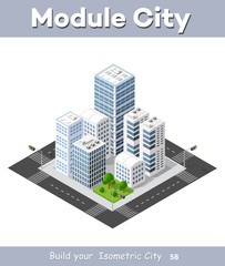 Wall Mural - Isometric perspective city with streets, houses, skyscrapers, parks and trees