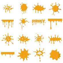 Honey Spot Isolated On White Background. Orange Honey Leaking Set Collection Vector Illustration