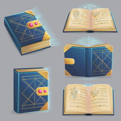 Ancient magic book with alchemy recipes and mystic spells and enchantments, dusty old pages and mysterious cover, different positions, front, back, open, closed. Game, graphic and app design elements.