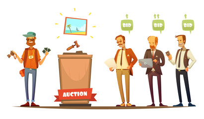 Auction Participants Retro Cartoon Persons Set