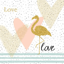 Creativity Card With Gold Glitter Flamingo And Different Hearts.