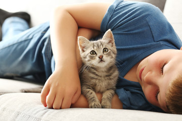 Child with kitten on grey sofa at home