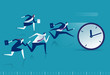 Race against time. Managers chasing pocket watch. Business vector illustration