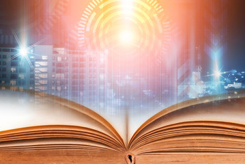 abstract magic book on technology background
