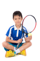 Poster - Little boy playing tennis racket and tennis ball in hand