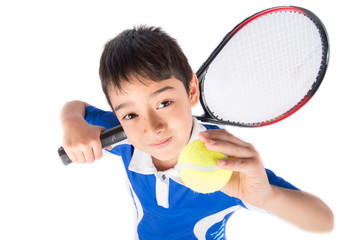 Wall Mural - Little boy playing tennis racket and tennis ball in hand