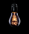Hanging lightbulb with glowing FAQ concept.