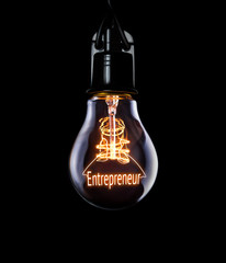 hanging lightbulb with glowing entrepreneur concept.