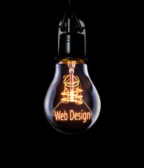 hanging lightbulb with glowing web design concept.