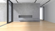 © YKvisual - Empty room with concrete wall parquet floor and panoramic window with sunlight
