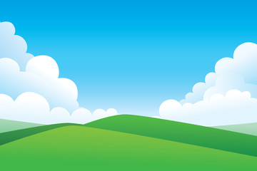 Wall Mural - Green hill landscape.  Vector illustration of panorama view with green mountain landscape and cloud sky.