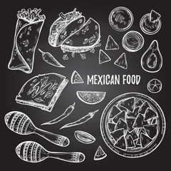 Hand drawn vector illustrations - Mexican food (tacos, nachos, b