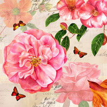 Vintage Collage With Flowers, Butterflies, Golden Bird