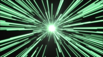 Canvas Print - Green lights flying past at high speed, with a bright white light at the end of the tunnel.