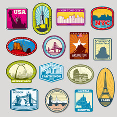 World famous monuments and landmarks vector labels, emblems