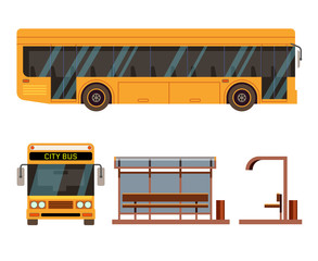 Wall Mural - Bus stop in side and front view positions. Vector flat style elements for public transport infographics map