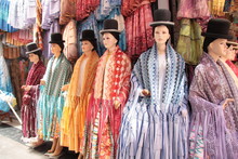 Traditional Bolivian Holiday Costume For Cholita Women In La Paz, Bolivia, South America