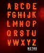 Retro lightbulb glowing theatre and cinema sign letters. Vector alphabet.