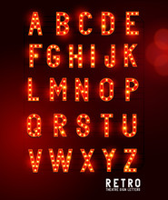 Retro Lightbulb Glowing Theatre And Cinema Sign Letters. Vector Alphabet.