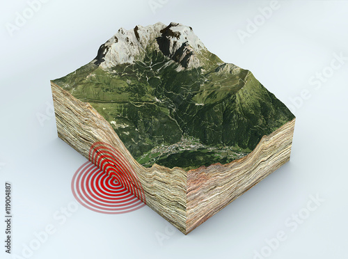 Fotografie, Obraz Terremoto sezione terreno, scossa, sisma. 3d rendering