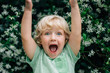 © Amanda O'Donoughue - Small boy looking excited in front of greenery