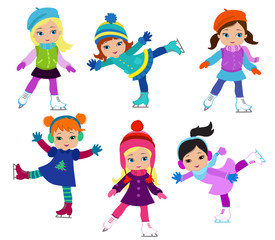 Funny girls in winter clothes ice skating isolated on white background .