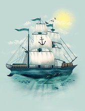 Illustration Of Sailing Ship With Whale Underneath